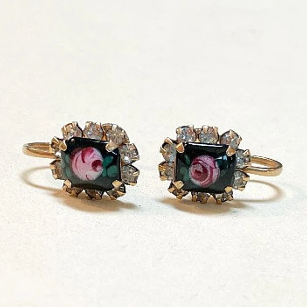 Vintage 1950s Czech Glass Rose Cabochon Rhinestone Screw Back Earrings